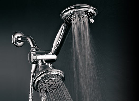 An example of a shower head which is fixed and handheld.